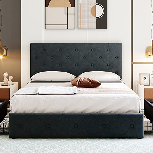 Allewie Queen Platform Bed Frame with 4 Storage Drawers & Adjustable Height Headboard, Fabric Diamond Button Tufted Design, Wooden Slats, No Box Spring Needed, Dark Grey