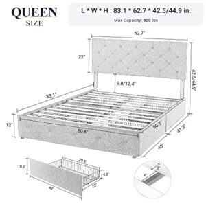 Allewie Queen Platform Bed Frame with 4 Storage Drawers & Adjustable Height Headboard, Fabric Diamond Button Tufted Design, Wooden Slats, No Box Spring Needed, Dark Grey