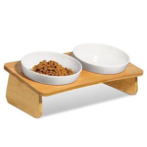 msbc raised cat bowl with bamboo stand, elevated pet feeder with 2 melamine bowls, tilted food and water cat feeding dish, protect pet's spine, whisker stress free anti vomiting, white
