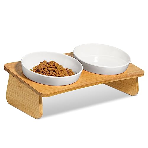 MSBC Raised Cat Bowl with Bamboo Stand, Elevated Pet Feeder with 2 Melamine Bowls, Tilted Food and Water Cat Feeding Dish, Protect Pet's Spine, Whisker Stress Free Anti Vomiting, White