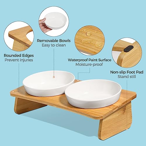 MSBC Raised Cat Bowl with Bamboo Stand, Elevated Pet Feeder with 2 Melamine Bowls, Tilted Food and Water Cat Feeding Dish, Protect Pet's Spine, Whisker Stress Free Anti Vomiting, White