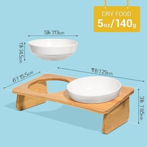 MSBC Raised Cat Bowl with Bamboo Stand, Elevated Pet Feeder with 2 Melamine Bowls, Tilted Food and Water Cat Feeding Dish, Protect Pet's Spine, Whisker Stress Free Anti Vomiting, White