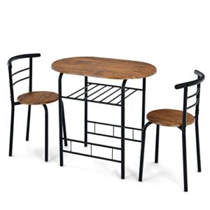 Giantex 3 Piece Dining Set Compact 2 Chairs and Table Set with Metal Frame and Shelf Storage Bistro Pub Breakfast Space Saving for Apartment and Kitchen (Black & Brown)