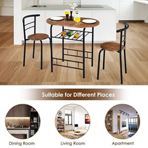 Giantex 3 Piece Dining Set Compact 2 Chairs and Table Set with Metal Frame and Shelf Storage Bistro Pub Breakfast Space Saving for Apartment and Kitchen (Black & Brown)