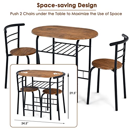 Giantex 3 Piece Dining Set Compact 2 Chairs and Table Set with Metal Frame and Shelf Storage Bistro Pub Breakfast Space Saving for Apartment and Kitchen (Black & Brown)