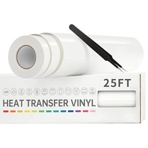 vinylrus heat transfer vinyl-12” x 25ft white iron on vinyl roll for shirts, htv vinyl for silhouette cameo, cricut, easy to cut & weed