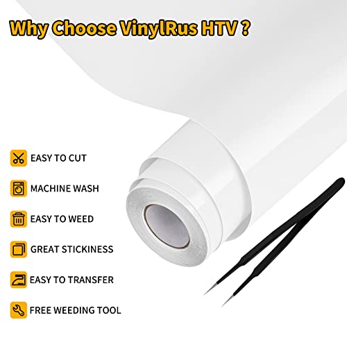 VinylRus Heat Transfer Vinyl-12” x 25ft White Iron on Vinyl Roll for Shirts, HTV Vinyl for Silhouette Cameo, Cricut, Easy to Cut & Weed