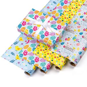 lezakaa easter wrapping paper roll - 40 x 120 inches per roll - easter bunny/egg/chicken/dot print for gift wrap, craft - 4 rolls