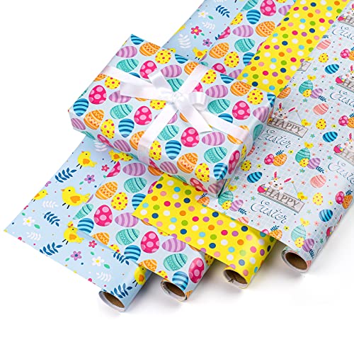 LeZakaa Easter Wrapping Paper Roll - 40 x 120 inches per Roll - Easter Bunny/Egg/Chicken/Dot Print for Gift Wrap, Craft - 4 Rolls