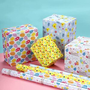 LeZakaa Easter Wrapping Paper Roll - 40 x 120 inches per Roll - Easter Bunny/Egg/Chicken/Dot Print for Gift Wrap, Craft - 4 Rolls