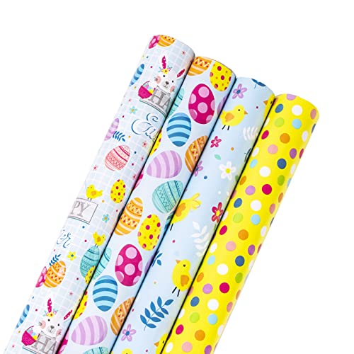 LeZakaa Easter Wrapping Paper Roll - 40 x 120 inches per Roll - Easter Bunny/Egg/Chicken/Dot Print for Gift Wrap, Craft - 4 Rolls