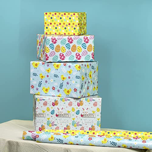 LeZakaa Easter Wrapping Paper Roll - 40 x 120 inches per Roll - Easter Bunny/Egg/Chicken/Dot Print for Gift Wrap, Craft - 4 Rolls