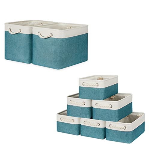 Bidtakay Baskets Set Fabric Storage Bins-Teal Blue Bundled Baskets of 2 Large Baskets 16" X 11.8" X 11.8" + 6 Small Baskets 11.8" X 7.8" X 5"