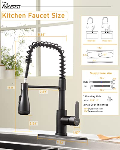 PHASAT Kitchen Faucet with Pull Down Sprayer High ArcSpring Kitchen Sink Faucet 4 Function Single Handle Mixer Tap,Matte Black,PU1H01