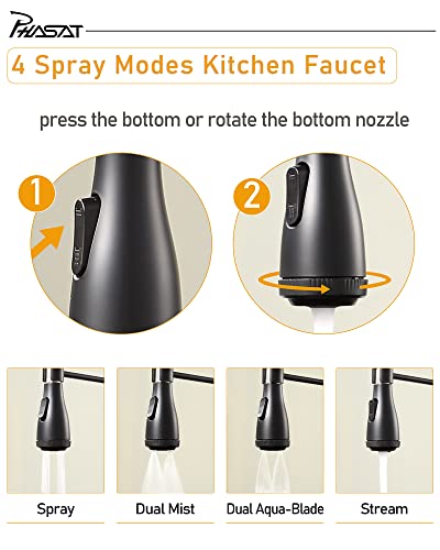 PHASAT Kitchen Faucet with Pull Down Sprayer High ArcSpring Kitchen Sink Faucet 4 Function Single Handle Mixer Tap,Matte Black,PU1H01