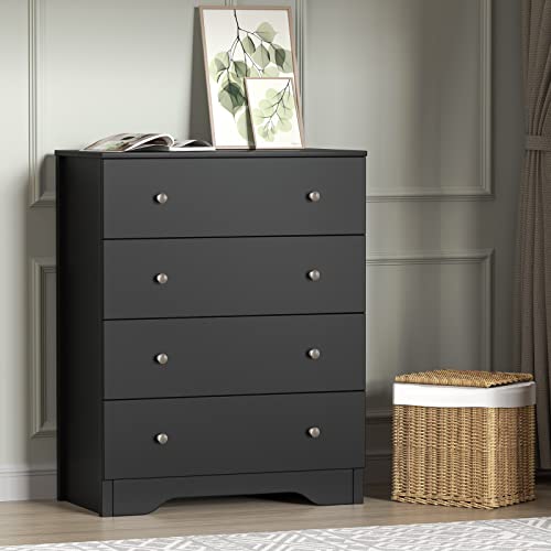 Artist Unknown 4 Drawer Dresser for Bedroom Chest of Drawers with Wooden Top Tall Storage Cabinet Nightstand for Living Room, Entryway, Children Room (Black)