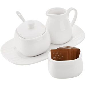 Dicunoy Set of 4 Sugar and Creamer Set, Small Creamer Pitcher with Handle, Sugar Bowl with Lid, Spoon and Tray, White Ceramic Sweetener Packet Container for Coffee Bar, Tea, Milk