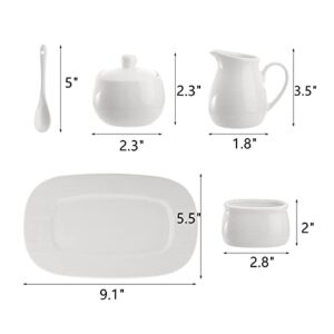 Dicunoy Set of 4 Sugar and Creamer Set, Small Creamer Pitcher with Handle, Sugar Bowl with Lid, Spoon and Tray, White Ceramic Sweetener Packet Container for Coffee Bar, Tea, Milk