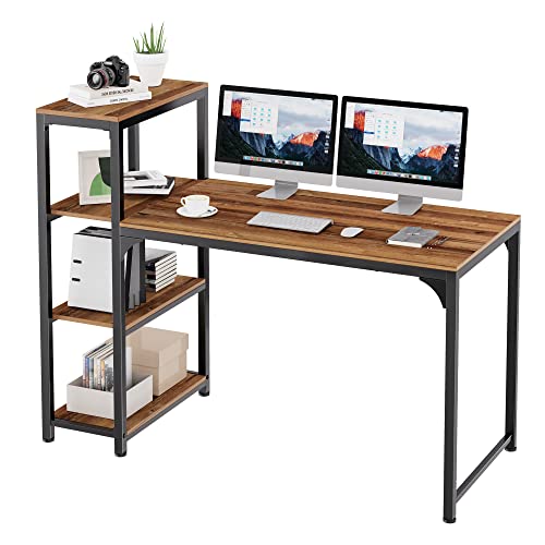 DESIGNA Computer Desk with 4 Tier Shelves, 55 Inch Heavy Duty Writing Study Table with Bookshelf, Modern Simple Style Steel Frame Wood for PC Table, Archaize Brown