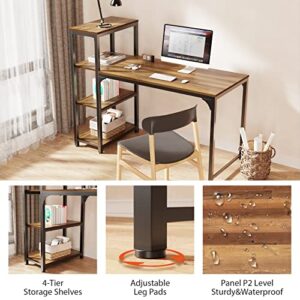 DESIGNA Computer Desk with 4 Tier Shelves, 55 Inch Heavy Duty Writing Study Table with Bookshelf, Modern Simple Style Steel Frame Wood for PC Table, Archaize Brown