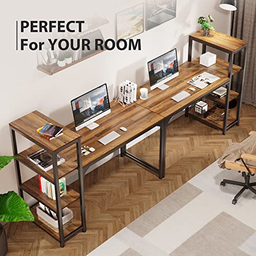 DESIGNA Computer Desk with 4 Tier Shelves, 55 Inch Heavy Duty Writing Study Table with Bookshelf, Modern Simple Style Steel Frame Wood for PC Table, Archaize Brown