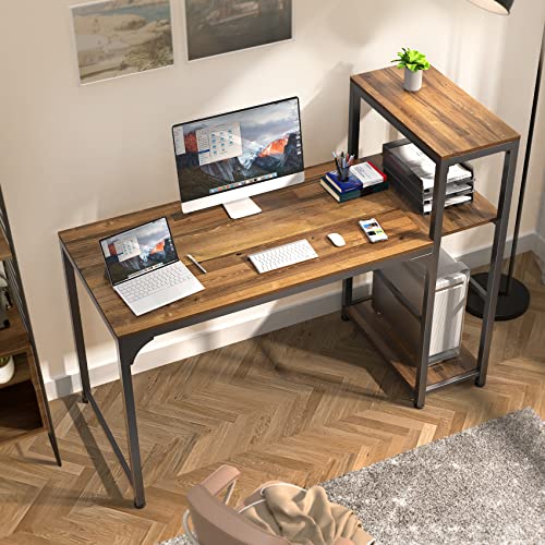 DESIGNA Computer Desk with 4 Tier Shelves, 55 Inch Heavy Duty Writing Study Table with Bookshelf, Modern Simple Style Steel Frame Wood for PC Table, Archaize Brown