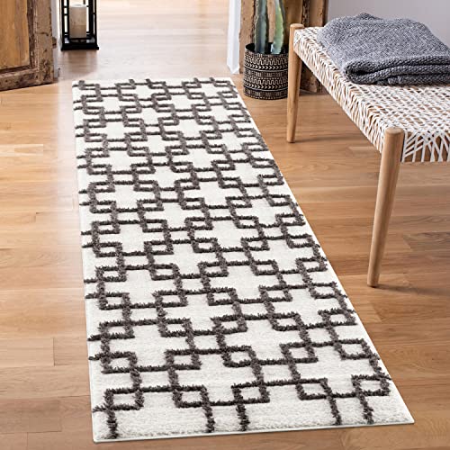 Keen Home Design Living Room Runner Rugs - 2x8 Geometric Shaggy Rugs - Ultra Soft, Non-Shedding Carpet for The Kitchen, Bedroom, Living Room - Thick Rug, Size: 2’8’’ x 7’7’’, White/Anthracite