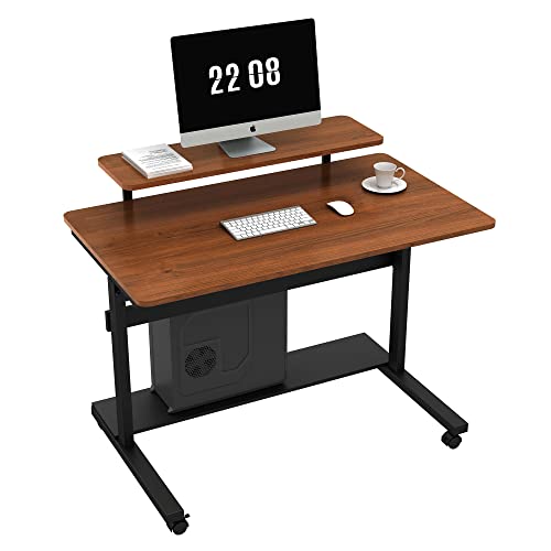 DESIGNA Height Adjustable Stand Up Computer Desk, 41'' Mobile Standing Desk Store Rolling Sit Stand Work Station for Home Office with Wheels CPU Stand Monitor Shelf & Detachable Hutch,Teak