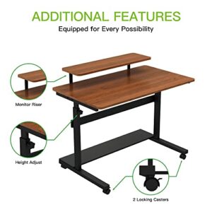 DESIGNA Height Adjustable Stand Up Computer Desk, 41'' Mobile Standing Desk Store Rolling Sit Stand Work Station for Home Office with Wheels CPU Stand Monitor Shelf & Detachable Hutch,Teak