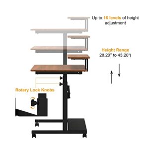 DESIGNA Height Adjustable Stand Up Computer Desk, 41'' Mobile Standing Desk Store Rolling Sit Stand Work Station for Home Office with Wheels CPU Stand Monitor Shelf & Detachable Hutch,Teak