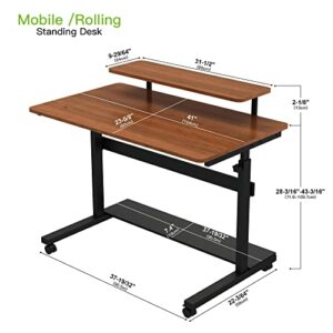 DESIGNA Height Adjustable Stand Up Computer Desk, 41'' Mobile Standing Desk Store Rolling Sit Stand Work Station for Home Office with Wheels CPU Stand Monitor Shelf & Detachable Hutch,Teak