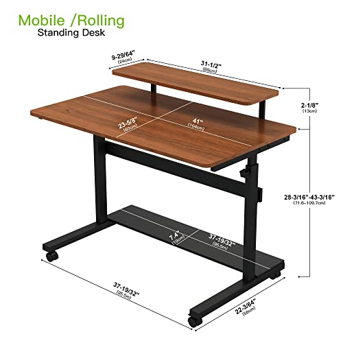 DESIGNA Height Adjustable Stand Up Computer Desk, 41'' Mobile Standing Desk Store Rolling Sit Stand Work Station for Home Office with Wheels CPU Stand Monitor Shelf & Detachable Hutch,Teak