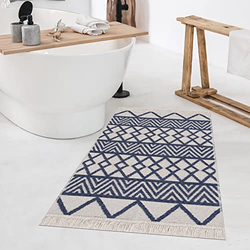 Keen Home Design Area Rugs - 2x4 Reversible and Machine Washable Boho Rug - 100% Cotton - Two Sided Rug for Living Room, Kitchen, Hallway, Bedroom, Entryway - (2’ x 3’7’’, Navy)