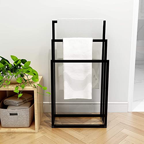Moveable Metal Freestanding Towel Stand with 3 Towel Bars, 3 Tier Towel Rack for Bathroom, Floor Standing Towel Holder Without Drilling Hole for Bathroom Accessories. (17.7L X 8.6W X 33.8H)''/Black