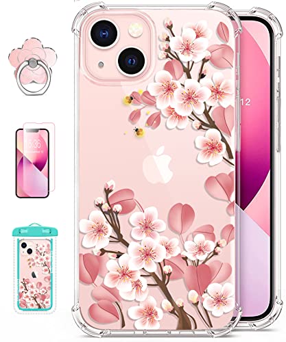 RoseParrot Designed for iPhone 13 Case with Screen Protector + Ring Holder + Waterproof Pouch, Clear with Floral Pattern Design, Soft&Flexible Bumper Shockproof Protective Cover （Fireflies）