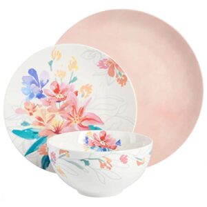 spice by tia mowry goji blossom decorated porcelain dinnerware set, pink, 12-piece