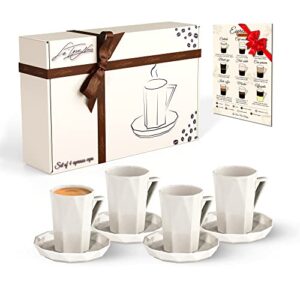 porcelain espresso cups set of 4 with saucers - comes with a complimentary espresso drink poster - modern dishwasher safe espresso cup set in gift box for any occasion - 3.5 oz each, ivory white.