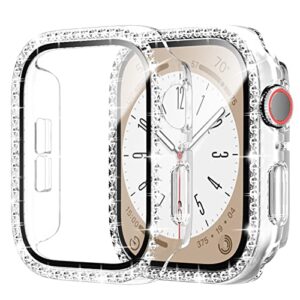 cuteey 2 pack bling case with tempered glass screen protector for apple watch series 9 8 & series 7 41mm, all round full protective hard pc cover bumper for iwatch 8 7 accessories,clear+clear