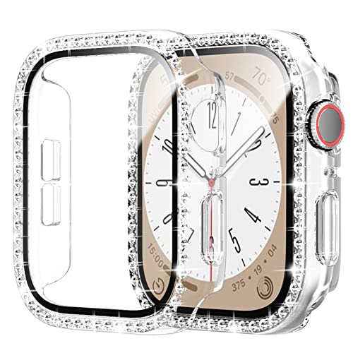 Cuteey 2 Pack Bling Case with Tempered Glass Screen Protector for Apple Watch Series 9 8 & Series 7 41mm, All Round Full Protective Hard PC Cover Bumper for iWatch 8 7 Accessories,Clear+Clear