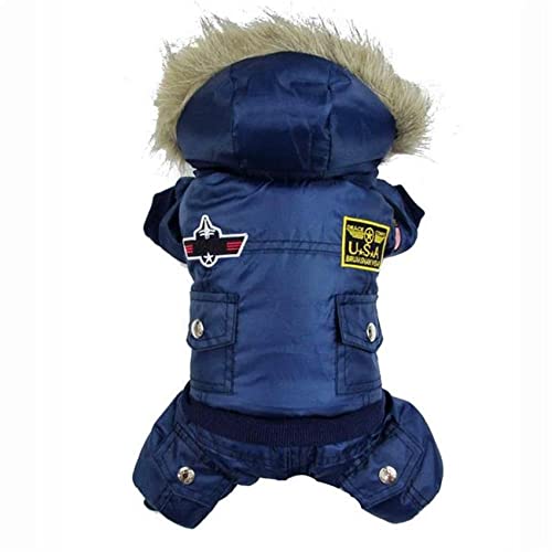 Hooded Jumpsuit Waterproof Small Dog Apparel Airman Fleece Winter Coat Snowsuit Outdoor Dog Cat Parka Jacket Cloth Drop Shipping (M,Blue)