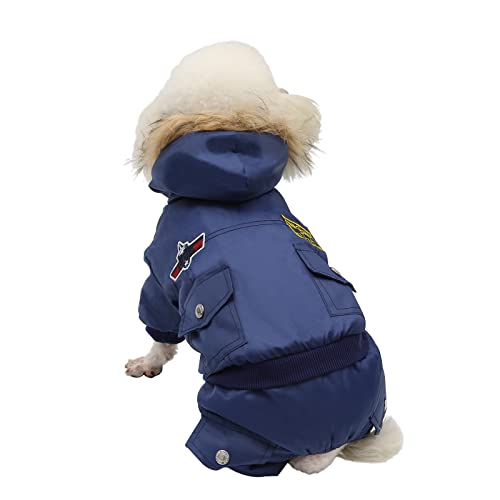 Hooded Jumpsuit Waterproof Small Dog Apparel Airman Fleece Winter Coat Snowsuit Outdoor Dog Cat Parka Jacket Cloth Drop Shipping (M,Blue)