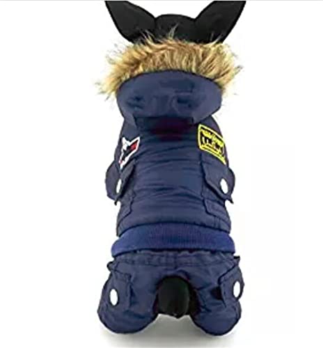 Hooded Jumpsuit Waterproof Small Dog Apparel Airman Fleece Winter Coat Snowsuit Outdoor Dog Cat Parka Jacket Cloth Drop Shipping (M,Blue)