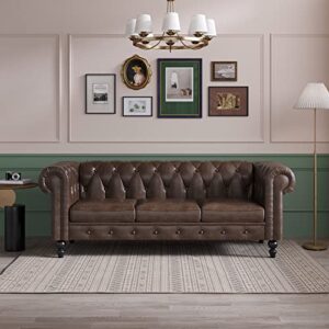 mgh chesterfield sofas, 83" pu couch,tufted 3 seats living furniture, mid-century sofa couch daybed for living room and bedroom (brown-2)