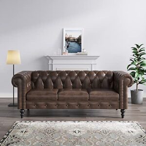 MGH Chesterfield Sofas, 83" PU Couch,Tufted 3 Seats Living Furniture, Mid-Century Sofa Couch Daybed for Living Room and Bedroom (Brown-2)