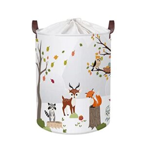 clastyle 45l woodland animals laundry basket collapsible waterproof forest fox storage basket with handle kids room jungle deer laundry hamper with drawstring, 14 * 17.7 in