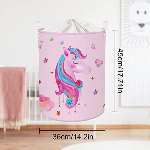 Clastyle 45L Pink Unicorn Kids Laundry Hamper Adorable Collapsible Laundry Basket with Drawstring Waterproof Toys Storage Basket with Handle, 14 * 17.7 in