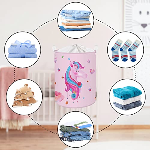 Clastyle 45L Pink Unicorn Kids Laundry Hamper Adorable Collapsible Laundry Basket with Drawstring Waterproof Toys Storage Basket with Handle, 14 * 17.7 in