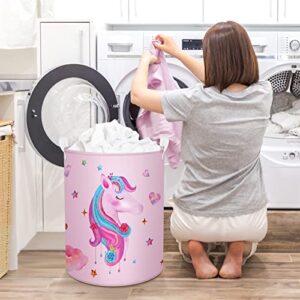 Clastyle 45L Pink Unicorn Kids Laundry Hamper Adorable Collapsible Laundry Basket with Drawstring Waterproof Toys Storage Basket with Handle, 14 * 17.7 in