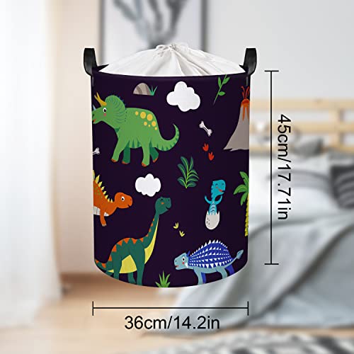 Clastyle 45L Waterproof Adorable Dinosaur Laundry Basket Black Collapsible Laundry Hamper with Handle Kids Toys Room Storage Basket with Drawstring, 14 * 17.7 in