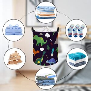 Clastyle 45L Waterproof Adorable Dinosaur Laundry Basket Black Collapsible Laundry Hamper with Handle Kids Toys Room Storage Basket with Drawstring, 14 * 17.7 in